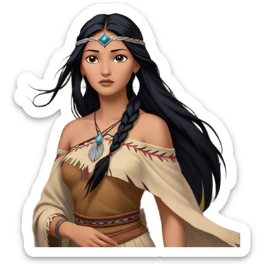 Cinematic Realistic Pocahontas Portrait, depicted with lifelike skin texture, soft natural lighting, and intricately detailed long, flowing raven-black hair that moves gracefully in the wind. Her deep, soulful dark brown eyes exude wisdom and strength, complemented by a serene yet powerful expression. She is dressed in her classic one-shoulder native american dress, with rich fabric textures and delicate beaded details that catch the light beautifully. The portrait features a soft, sun-kissed glow with a natural, radiant finish, capturing the essence of untamed beauty and deep connection to nature in a realistic and painterly style, evoking a sense of depth and authenticity. sticker