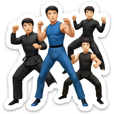 Icon for Action Movies: Collage of Arnold Schwarzenegger, Sylvester Stallone, Bruce Lee, and Jackie Chan in iconic action poses, surrounded by explosions, weapons, and martial arts moves. The design should capture the high-energy, dynamic nature of their films. Transparent background. sticker