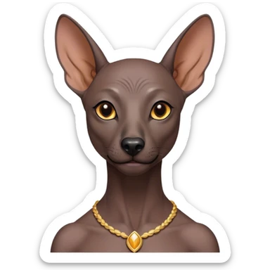 Cinematic Noble Xoloitzcuintle Portrait Emoji, Poised and regal, with a sleek, muscular build and smooth, hairless ebony skin accented by subtle wrinkles, deep-set soulful dark eyes, Simplified yet sharp and sophisticated features, highly detailed, glowing with a soft, dignified glow, high shine, intelligent and loyal, stylized with an air of ancient grace, focused and attentive, soft glowing outline, capturing the essence of a watchful and confident guardian, so majestic it feels as though it could stride out of the screen with effortless authority! sticker
