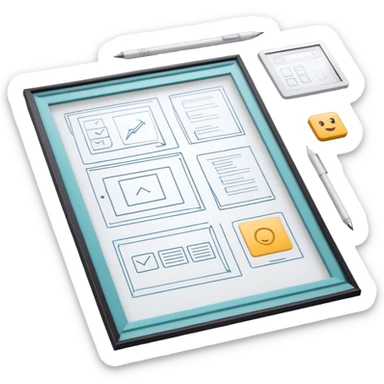 Create an emoji for UX/UI design. Show wireframe sketches or design mockups with interface elements like buttons, sliders, and icons, symbolizing the design process. Use modern, professional colors. Do not include any emojis or smiley faces. Make the background transparent. sticker