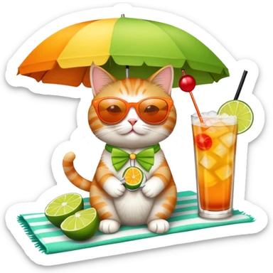 Cute cat on beach towel with a tropical mai tai drink and sunglasses sticker
