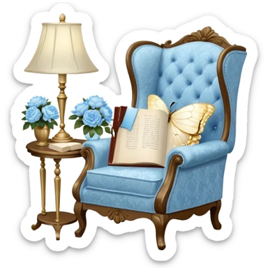 A cozy vintage-inspired reading nook, with an overstuffed ivory armchair, a golden reading lamp, and a bouquet of soft blue roses, white peonies, and dahlias resting on a small lace-covered side table, as a pearl butterfly gently rests on the open book.  sticker