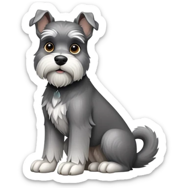 cinematic-[schnauzer]-realistic-full-body-sitting-emoji,-tail-resting-loosely-beside-its-paws,white eyes-head-tilted-dramatically, -sleek-[grey]-fur,-simplified-yet-realistic-focused-features,-highly-detailed,-glowing-with-an-almost-sarcastic-glow sticker