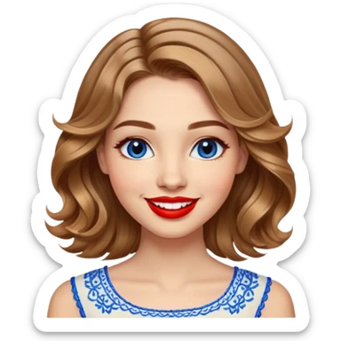 Cheerful woman with clear skin, round face, wide friendly smile, big light brown eyes, vibrant red lipstick, shoulder-length wavy dark blonde hair with light highlights, white top with blue embroidery and electric blue neckline sticker