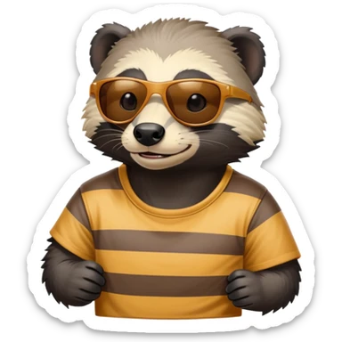 friendly anthropomorphised honey badger, close crop showing head, neck, and top of t-shirt with a striped design, wearing sunglasses sticker