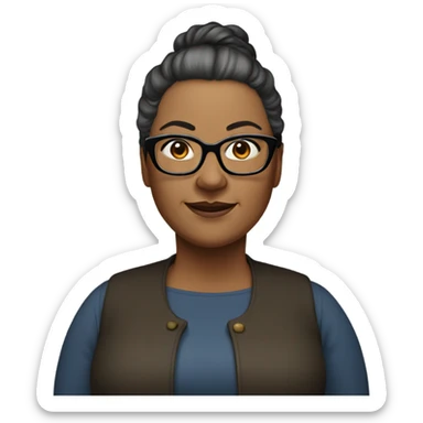 53 year old heavyset woman with dark brown ponytail and glasses sticker