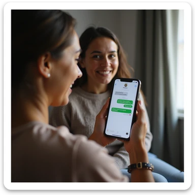 woman with PCOS showing a message on her phone saying 'Ciclo arrivato!' to a loved one, both smiling, home environment, vertical 9:16, hyperrealistic 4K details sticker