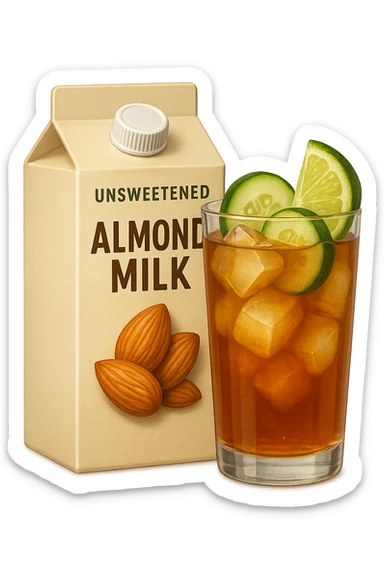 emoji stile iphone di un pacco di latte di mandorla non addizionato accanto ad un bicchiere di vetro di tè freddo con fettine di cetriolo e lime
IPERREALISTICO 4K sticker