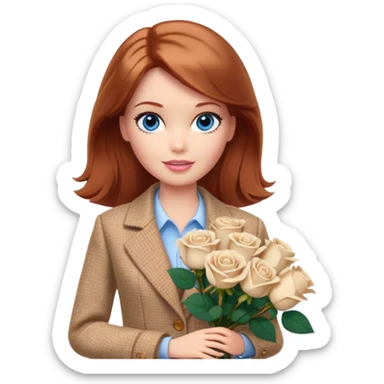 A Barbie girl with blue eyes, shoulder-length reddish-brown hair, made-up, wearing a beige tweed jacket and a beige skirt, with a bouquet of 9 white roses sticker