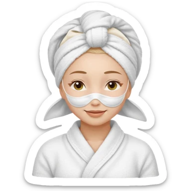 cute girl with her eyes closed and smiling, wearing a white spa towel as her clothes in she has a white spa towel on her head, white face skincare mask sticker