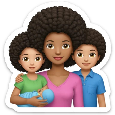 Polaroid photo with a dark woman with an afro hairstyle and a green blouse, two children: a boy with straight hair and a blue shirt, and a baby girl in a pink shirt. All are smiling. sticker