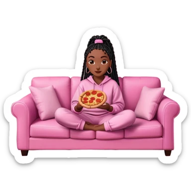 A dark-brown-skinned Black woman with black box braids, sitting on a pink couch, holding an open pizza box.She’s wearing comfy loungewear, looking relaxed and enjoying her food. sticker