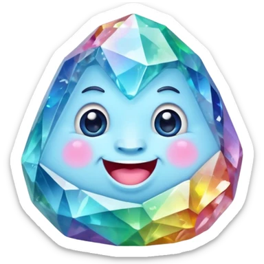 A single pastel rainbow crystal rock character, chubby and heavy with a chunky, irregular polygon shape, not egg-shaped, covered in faceted crystal planes and small chips, soft blue face carved into the rock, big glossy rainbow eyes and a small smiling mout sticker