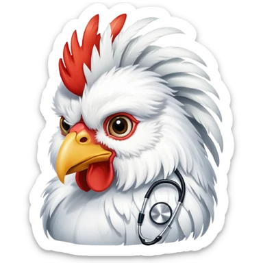 A White Silkie Bantam rooster wearing a doctor's stethoscope. The head feathers look like a large, fluffy wig. sticker