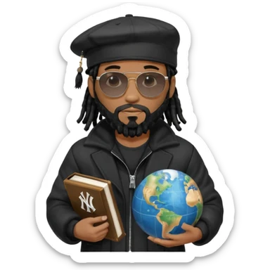 African American man with shoulder length black dreadlocks with black beard wearing black sunglasses wearing a black New York Yankees logo baseball cap wearing a black bubble winter coat holding a Bible and a Globe in his hands sticker