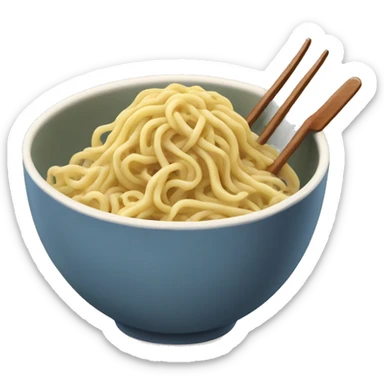 noodles in a bowl with sou and a son and fork sticker