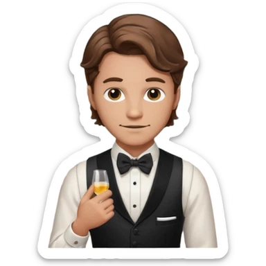 a bartender man with bow tie and vest, having brown wavy hair and tattoo 















 sticker
