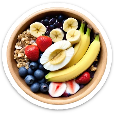 acai bowl in a wood bowl with bananas nutella strawberries granola honey and coconut sticker