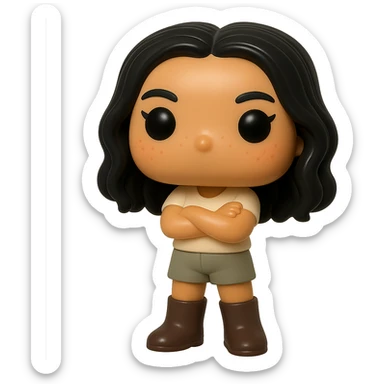 Enhance the texture and details of the Funko Pop style vinyl figure's hair, skin, and clothing. The figure has smooth tanned skin, arms crossed, rosy cheeks, very discreet freckles, mischievous and cheerful expression, no mouth, and dark detailed hair. Clothing includes a cream top, greige bottoms, and dark greige leather boots. Keep the transparent background. sticker