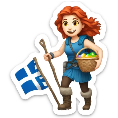 Greek Female winter mountaineer red hair white skin climbing with Greek Flag and Easter eggs basket sticker