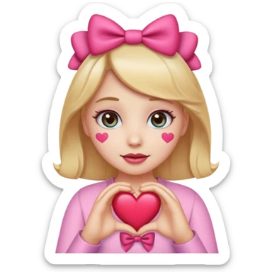 girly girl emoji, wearing a bow, sparkly eyes, making a heart with hands sticker