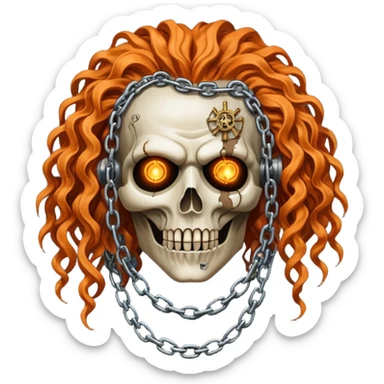 steam punk Megadeth - pinhead corpse made of rusty metal with chains on its teeth, huge curly orange hair sticker