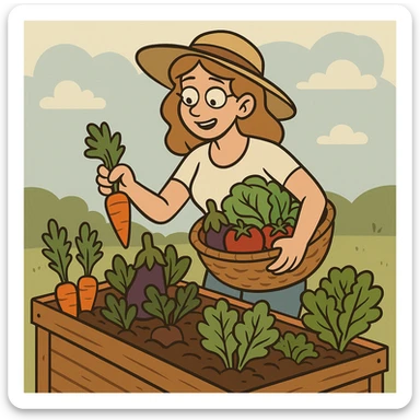 a woman harvesting vegetables from a raised bed garden, flat toon style sticker