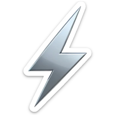 A lightning bolt emoji made of polished silver chrome, sharp yet rounded edges, glossy metallic surface, soft reflections, minimal futuristic design, iOS emoji style, centered, clean white background sticker