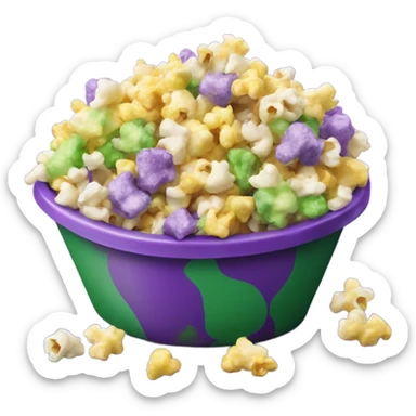 Realistic tub of purple,green,and yellow mixed popcorn pieces together.  sticker