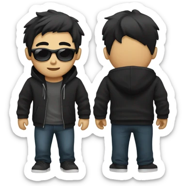 programmer, student, asian, black hair, black eyes, male, round face, black sunglasses, black hoodie, part hairstyle sticker