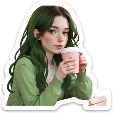 Girl with long dark slightly wavy hair and pale skin with freckles wearing cottage core outfit with pinks and whites drinking a coffee sticker