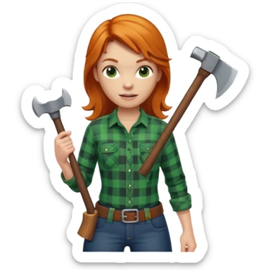 ginger lumberjack woman holding axe green checked shirt sticker