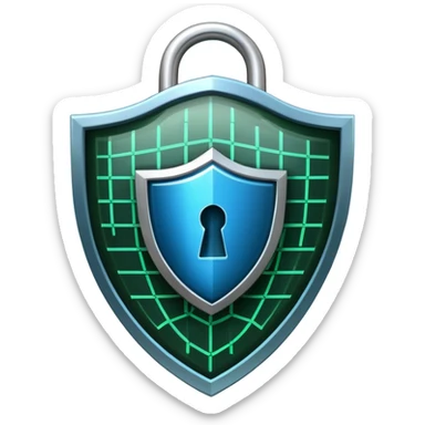 An icon featuring a shield with a padlock, a digital network grid, and binary code, symbolizing cybersecurity. The design includes a hacker’s silhouette, a firewall, and encrypted data flow, representing protection against cyber threats. Transparent background highlights digital security. sticker