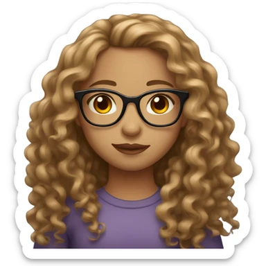 a girl with light brown long curly hair, light skin, hazel eyes, glasses and heart shaped lips sticker