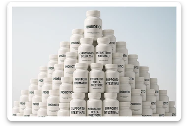 montagna di barattoli di integratori contro la SIBO con etichette in italiano sticker