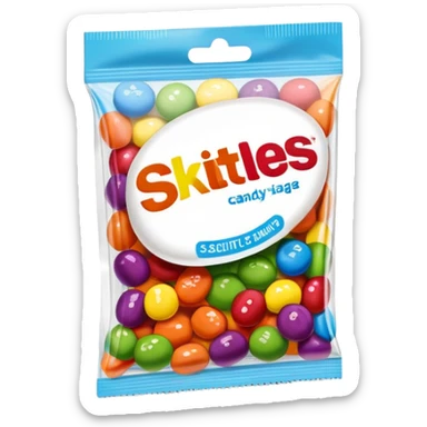 A Skittles candy package with clear adhesive tape wrapped around it, colorful rainbow packaging, minimalist design, sealed with scotch tape sticker