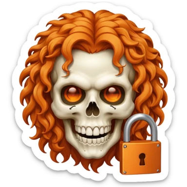 cinematic realistic Megadeth iconic skull mascot with a padlock in his teeth, orange curly huge hair sticker