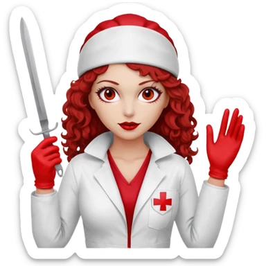 Scary woman scalpel in hand, evil surgeon sexy surgeon clothes.  She has red eyes. Her  brown long curly hair. Wears sexy doctor outfit with red gloves. make her wear red ski mask  to hide. Wears white surgeon jcketneb sticker