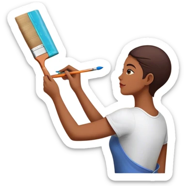 Create an icon that represents the hobby of wall painting, featuring a wall with a beautiful painting in progress. The design should include a paintbrush, a roller, and part of the wall decorated with colorful patterns or a mural. The icon should show the process of creating the artwork, with the brush strokes visible on the wall, symbolizing the artistic nature of the craft. The composition should be balanced and harmonious, evoking creativity and skill. The background should be transparent. sticker