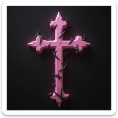 realistic gothic cross, pink with black thorns, photorealistic style sticker