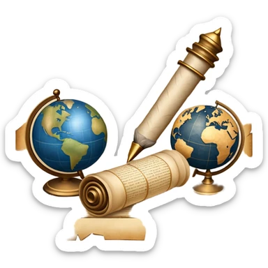 An icon featuring an ancient scroll, a quill pen, and a globe, symbolizing the study of history. The design includes a timeline with significant historical events, with ruins in the background to evoke past civilizations. Transparent background emphasizes the exploration of human history sticker