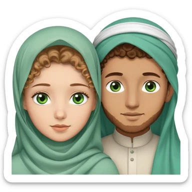 couple avec un garçon peau clair yeux vert bleu avec cheveux bouclés brun clair et son amoureuse peau un tout petit peu plus foncé avec des yeux verts et un voile musulman  sticker