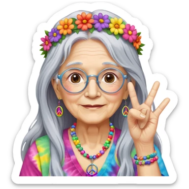 Elderly woman with long gray hair, peace sign necklace, colorful tie-dye clothing, round glasses, flower crown, hippie grandma sticker