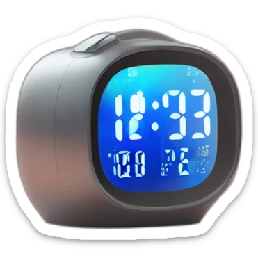 Create a sleek, modern alarm clock with a holographic display, set on a nightstand in a futuristic bedroom sticker