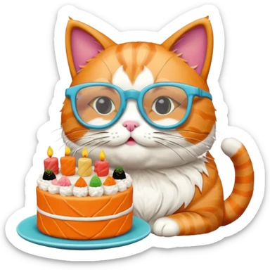cat with cool square shaped glasses eating a birthday cake made out of sushi sticker