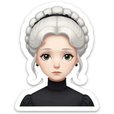A Victorian woman with simple yet elegant coiffed white hair and light eyes wearing a modest unadorned monochrome black turtleneck mourning dress with puff sleeves looking down with a forlorn expression sticker