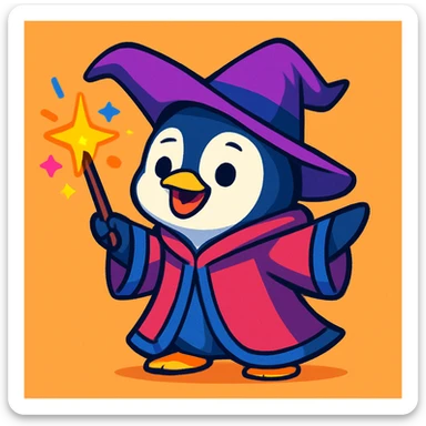 cute penguin wizard casting a spell, wearing robe, holding wand, cartoon style, colorful and friendly sticker