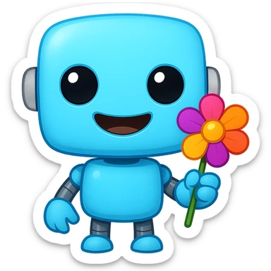 Create a transparent PNG of a cute light blue (#b0f2f8) robot holding a flower, cheerful, in the style of an Apple emoji. Remove the background and keep the robot's light blue color and cute features. sticker