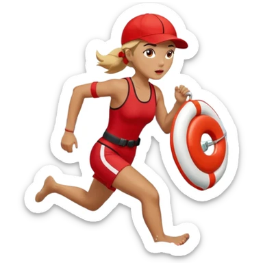 Female lifeguard – red cap, running along shore with rescue buoy sticker
