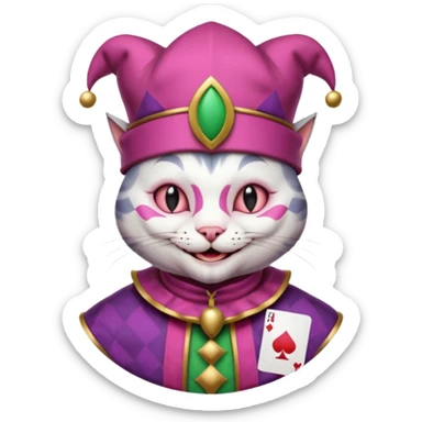 court jester cat medieval, single poker card joker clearly visible, pink, face only, round badge,  court jester cap sticker